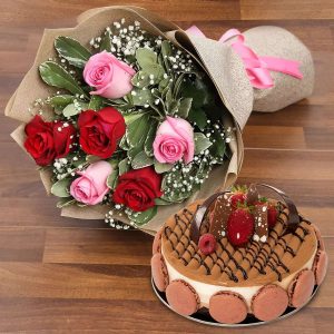 gorgeous-roses-bouquet-with-triple-chocolate-cake