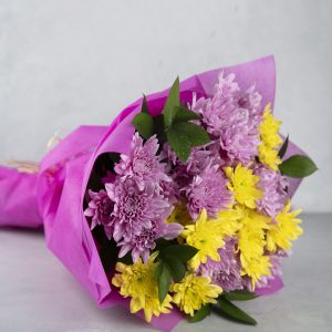 yellow and purple chrysanthemum hand bouquet